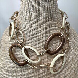 Banana Republic Long Gold-Tone Chain Link Necklace With Cream & Brown Accents